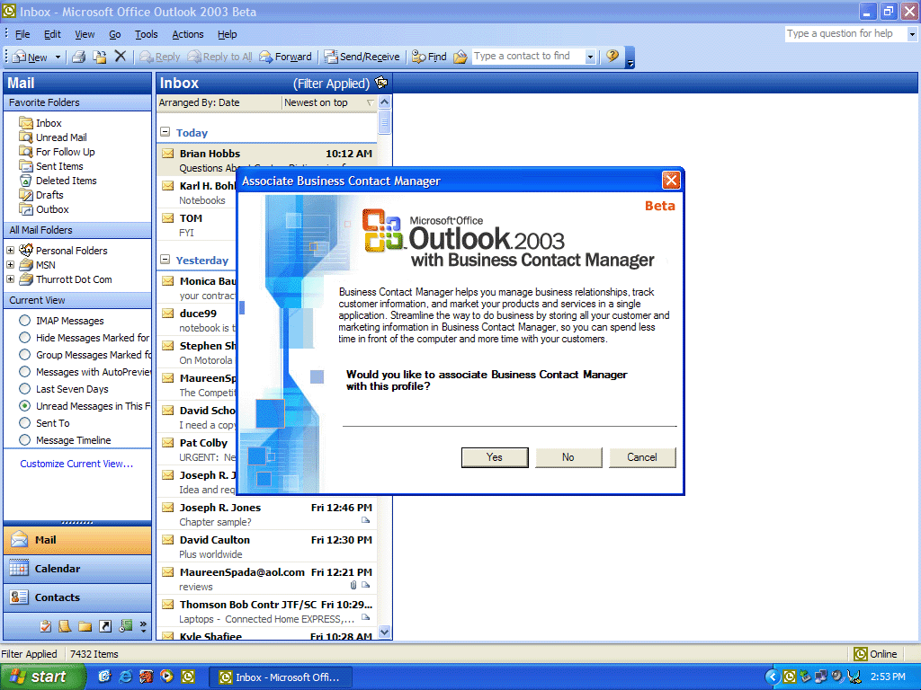 microsoft business contact manager email history